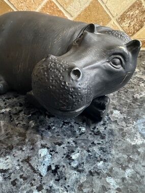 Sweet  Hippopotamus Hippo Figurine Warm Brushed Grey / Black Brushed Patina